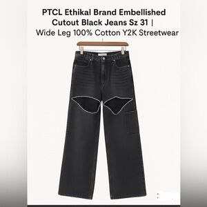 PTCL Ethikal Brand Embellished Cutout Black Jeans Sz31 Wide Leg 100% Cotton Y2K